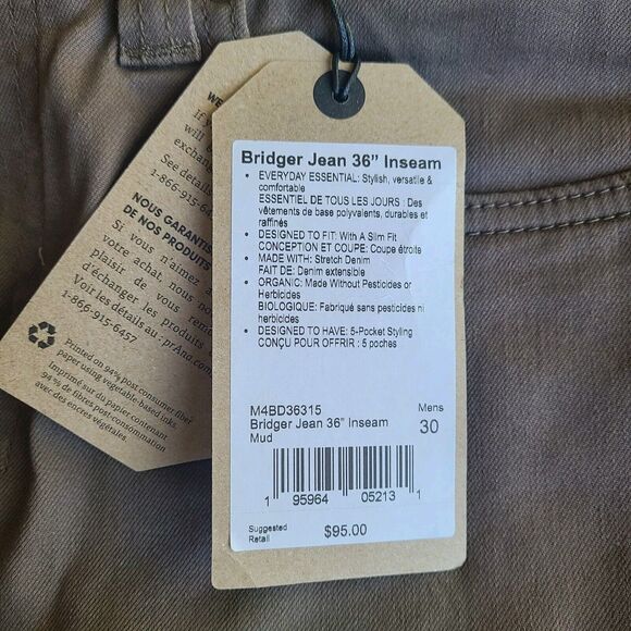 Prana Mens 30x36 Brown Mud Bridger Jean 5 Pocket Denim Outdoor Straight Slim NEW - Picture 2 of 7